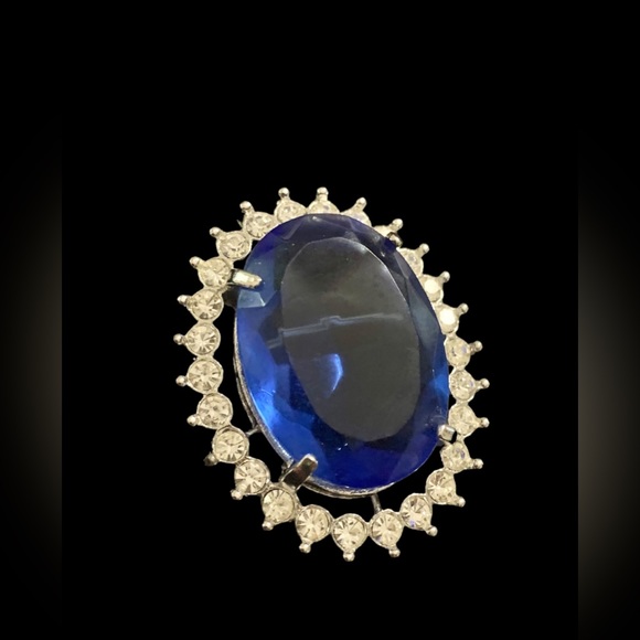 Blue Faceted Glass Pendant or Brooch Combo Silver Tone with Rhinestones - Picture 5 of 12